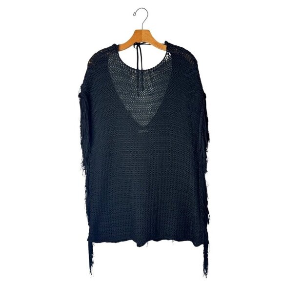 Zara Sweater Women Small Black Open Knit V‎ Back Fringe Sides Short Sleeve Tunic - Picture 1 of 12